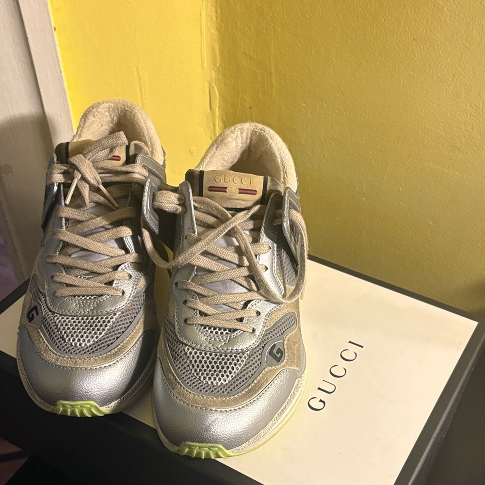 Gucci Metallic Silver Sneakers with Green Highlights